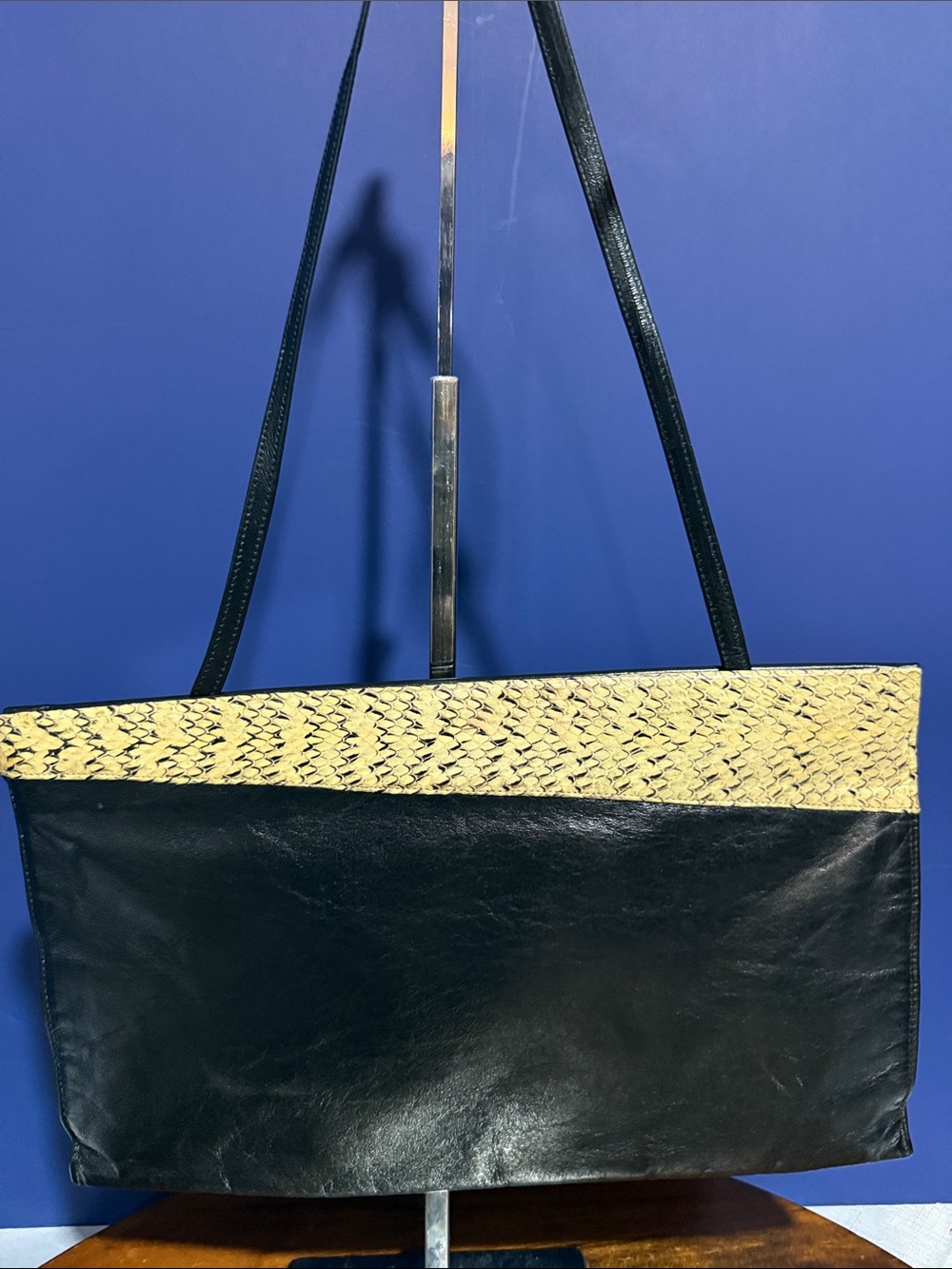 Shirl Miller LTDBlack Leather Shoulder Bag with Woven Cream Snakeskin Accent
